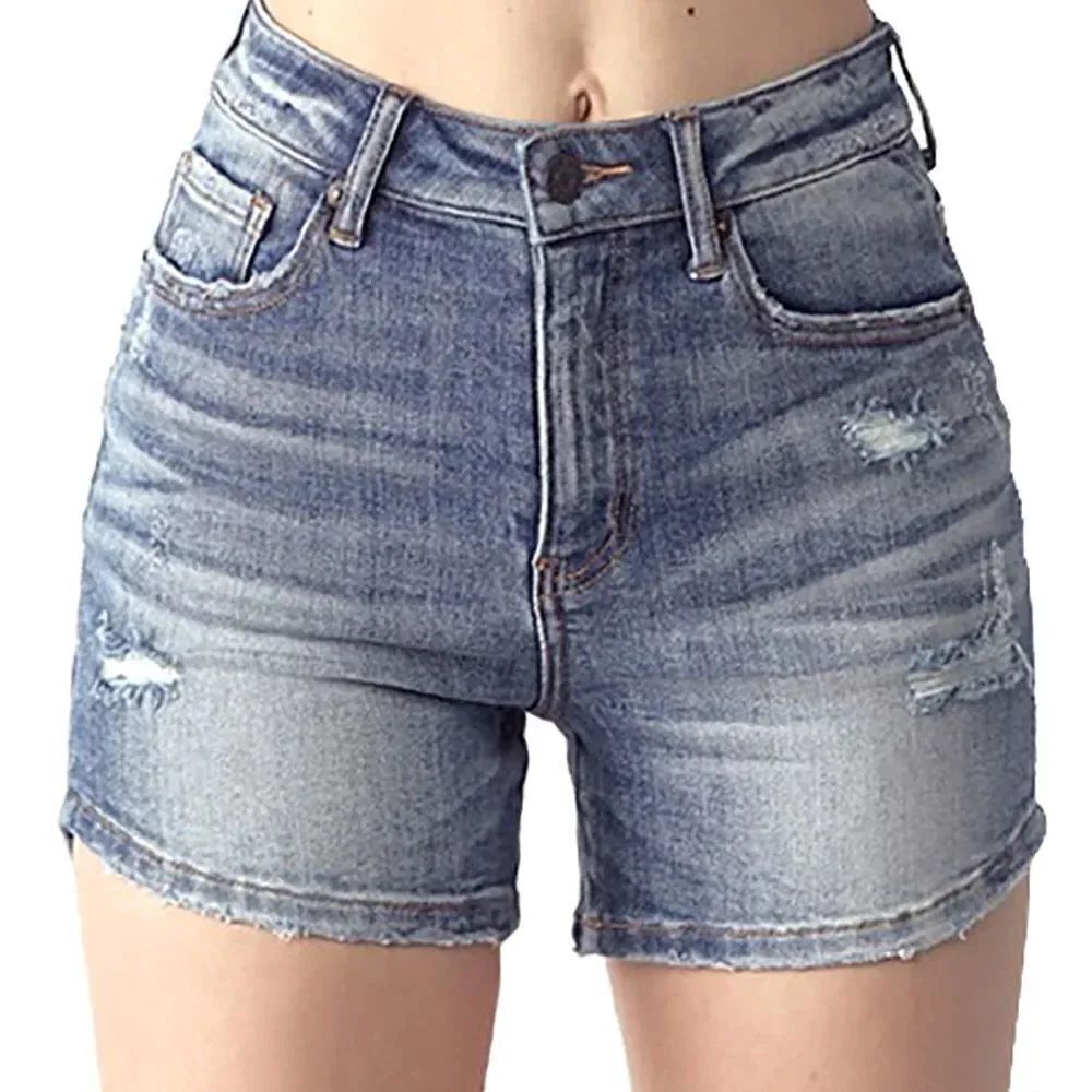 Womens Rinse Jeans Distressed High Rise Vintage Wash Denim Jean Shorts - Sz S